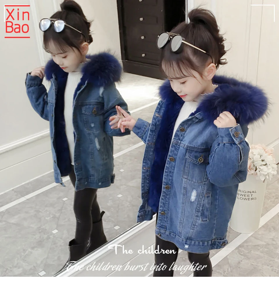 XINBAO/теплый жакет с капюшоном на меху для девочек; детские джинсовые пальто; хлопковые флисовые джинсы; детские парки; Верхняя одежда; плотные детские зимние костюмы