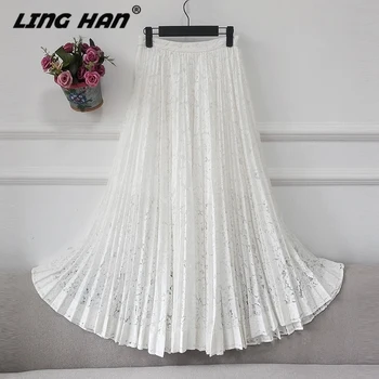 

LINGHAN Fashion Lace Pleated Long skirt elegant High waist Big swing vacation Maxi skirt Designer Spring Summer New