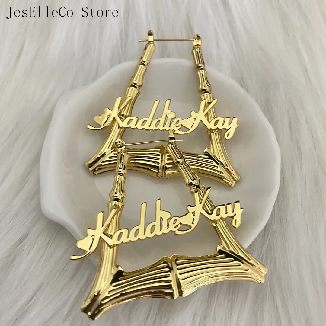 50/70MM Custom Name Earrings Trapezoidal Shape Bamboo Earrings Custom Hoop Earrings Personalized Name Stainless Steel Jewelry t shaped trapezoidal screw t10 12 14 16 18 20 22 24 25 28 30 32 lead 2 3 4 5 6 round steel flange hex nut length 1000mm for cnc