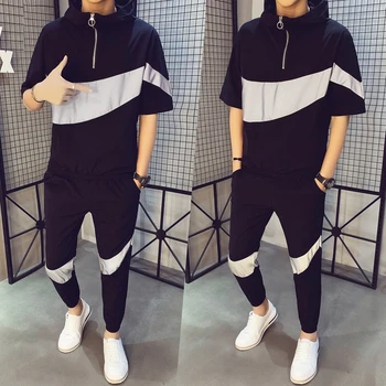 

Patchwork Hip Hop Sweatshirt+pant Male Casual 2 Pieces Track Suit Sportswear Set Spring Hoodies Short Sleeve Set Men Tracksuit