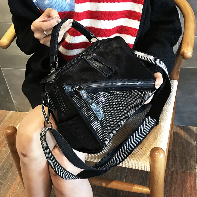 Fashion Horse Hair Messenger Bags Diamonds Satchels Horse Hair Patchwork handbag adies hand bags Diamonds Patchwork handbags