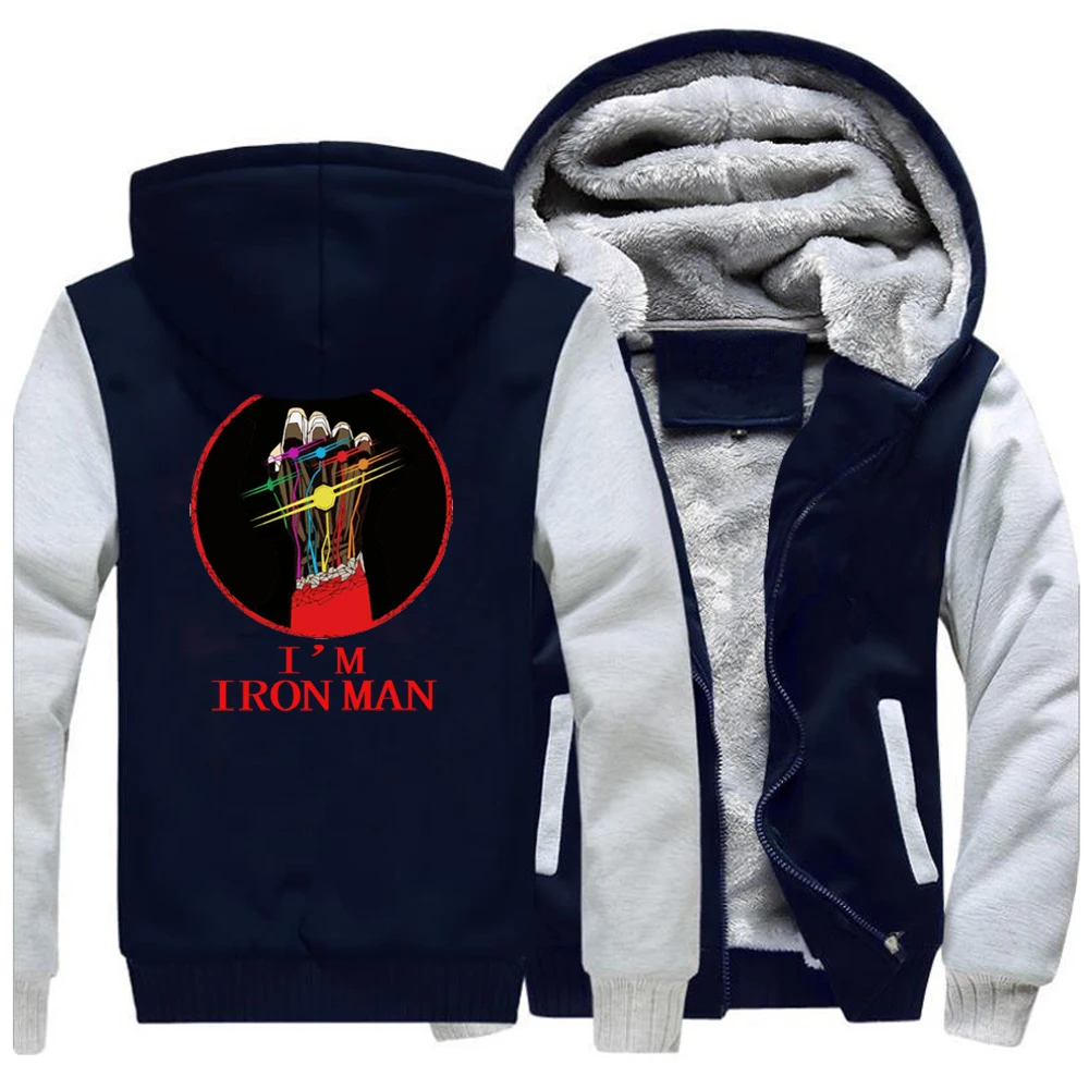 I Am iron man, Мужская Толстая зимняя Флисовая теплая куртка, пальто Tony Stark, толстовки, бесконечные пальто, толстовка с капюшоном, уличная одежда, пальто - Цвет: Gray Dark Blue
