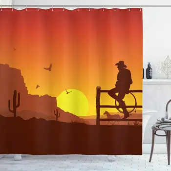 

Western Decor Shower Curtain Set Silhouette of Cowboy in Wild West Sunset Landscape American Culture Image Artsy Print Bathroom