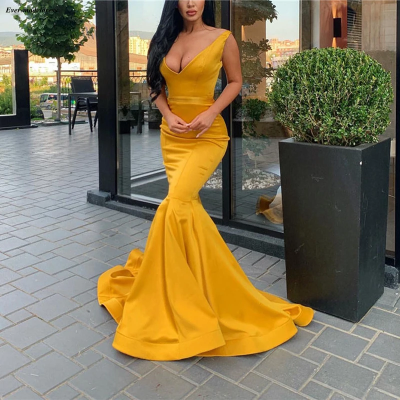 

Mermaid Evening Dresses 2019 V-Neck Corset Back Sweep Train Satin Simple Prom Party Dresses Formal Gowns Vestidos De Festa