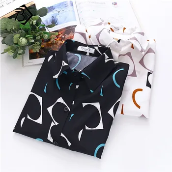 

2020 Summer New Women Circle Print Chiffon Blouse Autumn Long Sleeve Shirt Vintage Loose Tops Casual Feminina Blusa T02802Y