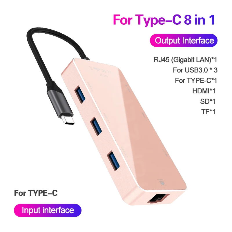 Gold USB 3,0 type C концентратор 8 в 1 usb порты HDMI адаптер док-карт для MacBook Pro Аксессуары RJ45 USB-C usb-хаб - Цвет: Gold