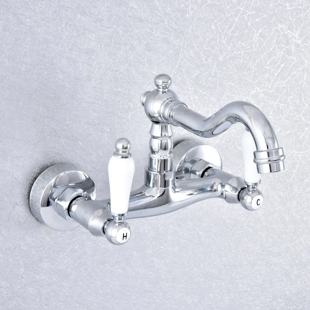 

Polished Chrome Bathroom Basin Swivel Spout Faucet Wall Mounted Dual Ceramic Handles Vessel Sink Mixer Taps zsf774