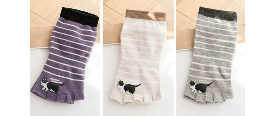 Spring Autumn Five Finger Socks Women Girl Cute Cat Printing Open Toes Striped Weave Boneless Ankle No Show Socks EU 35-39 ankle socks women