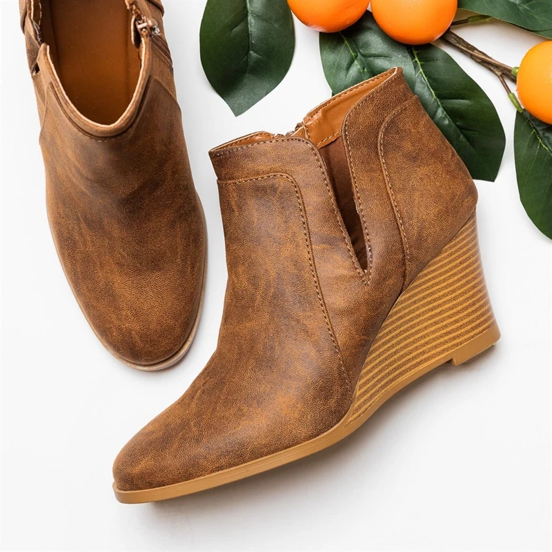 

Autumn Winter Boots Classic Wedge Heel Ankle Boots For Women Boot PU Leather Women Shoes Winter Slip-on Botas Mujer Plus Size 43