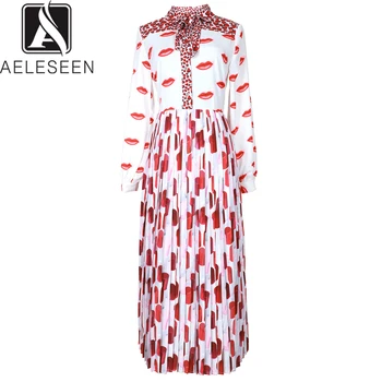 

AELESEEN Office Lady Runway Printed A-Line Dresses Women Elegant Bow Collar Lantern Sleeve Lips Lipstick Print Mid-Calf Dress