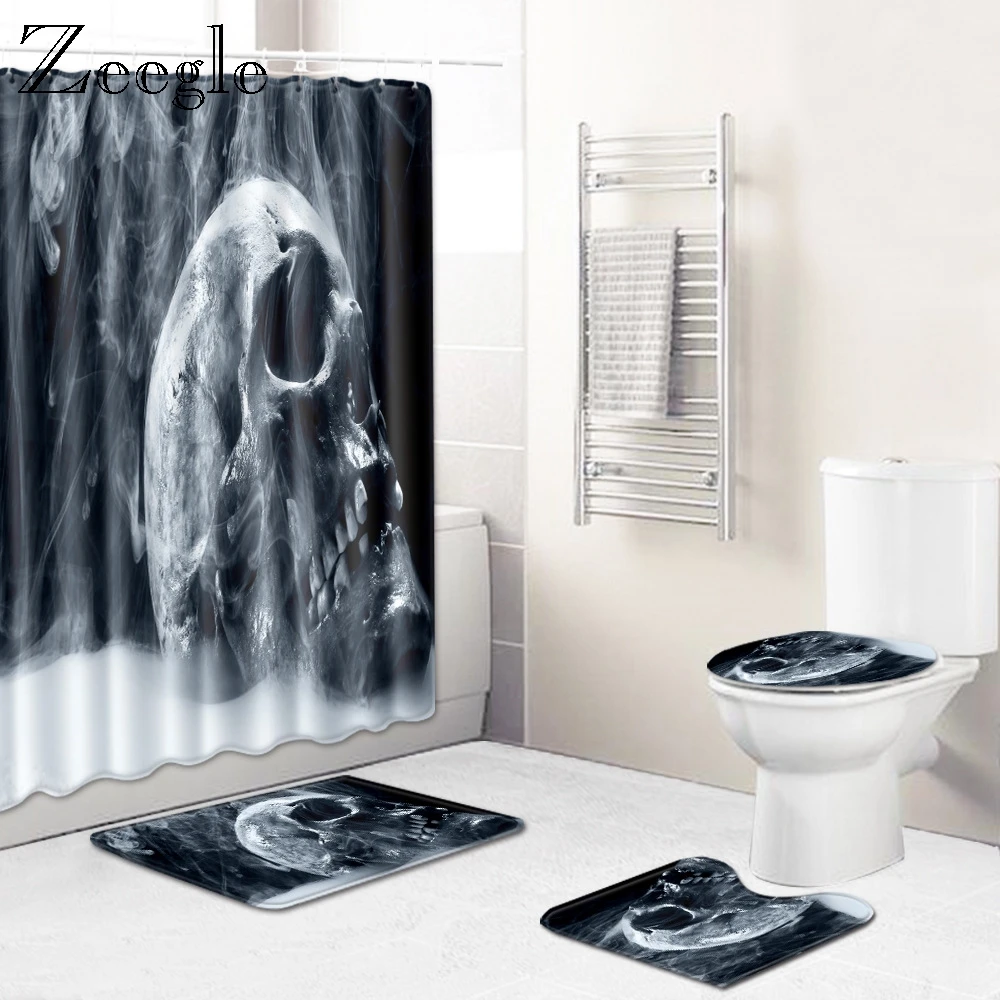 Zeegle 4pcs Bath Mat Set Flannel Soft Toilet Pedestal Rug Absorbent Toielt Seat Cover Mat Waterproof Curtain Washable Toilet Set