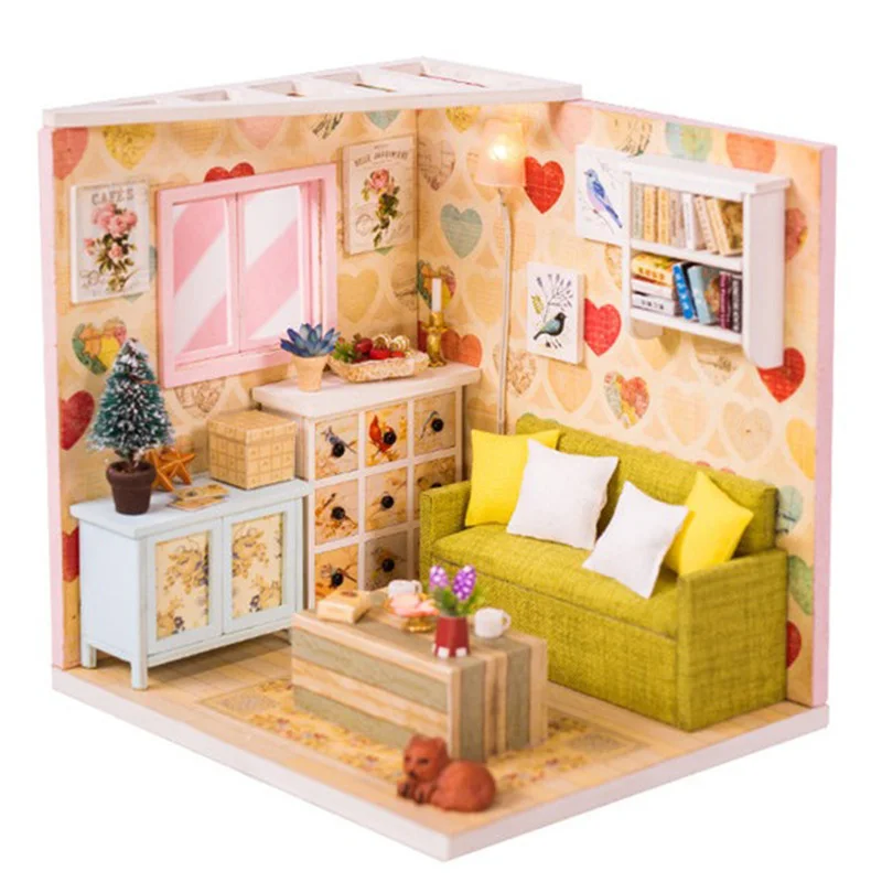 

Miniature House with Cat Doll Accessories Diy Mini Wooden Dollhouse Tiny Child Doll House Toy with Dust Cover