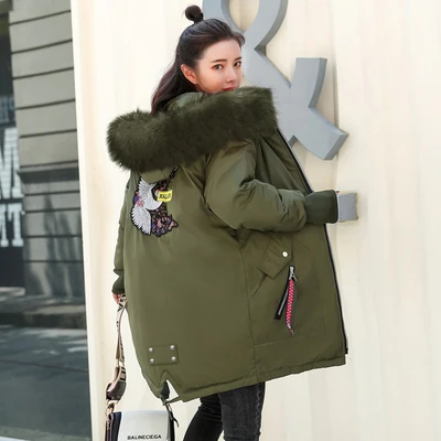 Army Green Collar Новая мода, зимняя женская куртка, плюс размер, зимнее пальто с капюшоном, теплый меховой воротник, с хлопковой подкладкой, Длинные парки для женщин, Sz46 - Цвет: Army Green Collar