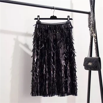

2019 Autumn Winter Women Sexy Shiny Sequin Skirt Party High Waist Glitter Beading Knee-Length Empire Sexy Club Christmas Skirts