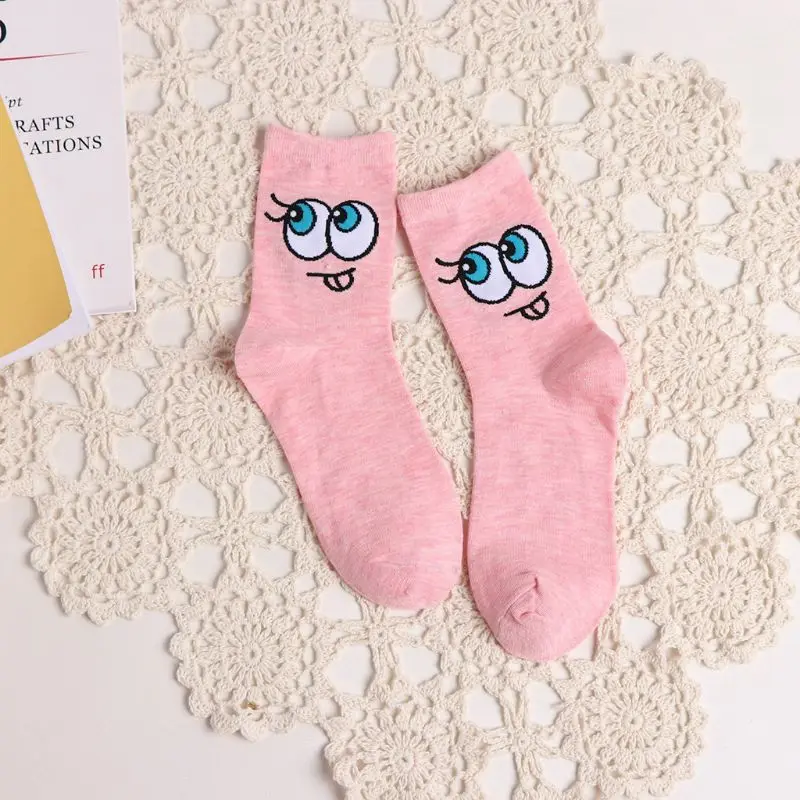 5 Pairs Harajuku Women Cotton Crew Socks Big Eyes Expression Print Tube Hosiery