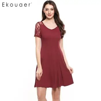 

Ekouaer New Dresses Women Casual V-Neck Short Sleeve Back Hollow Out Lace Patchwork A-Line Pleated Hem Elastic Summer Dress