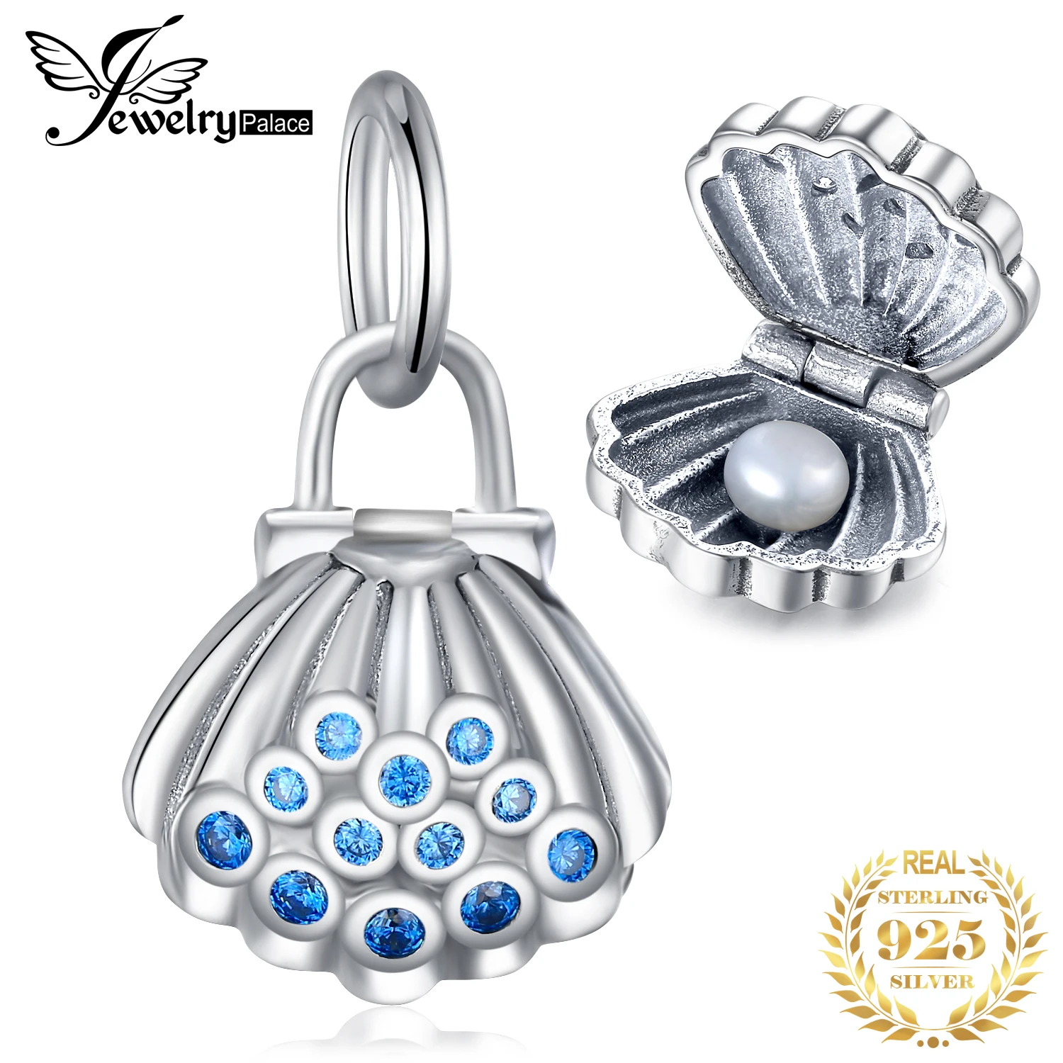 

JewelryPalace 925 Sterling Silver Sea Animal Openable Shell Oyster Clam Blue Cubic Zirconia Charm Beads Fit Bracelets For Women