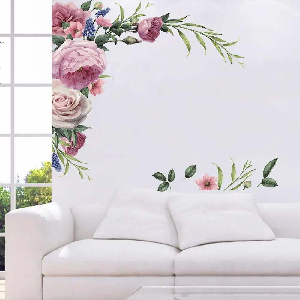 2Pcs Grote Pioen Rose Muursticker Diy Vintage Bloemen Behang Voor Slaapkamer Woonkamer Decals Mural Home Decor Kid meisjes Gift