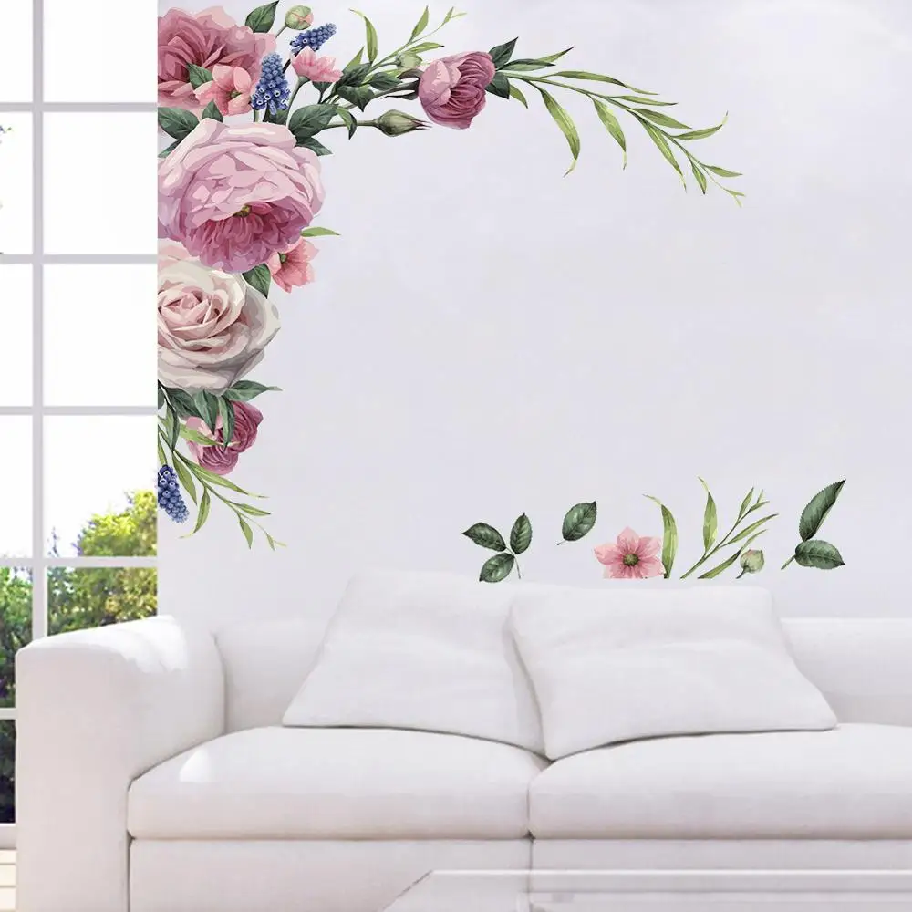 2PCS Large Peony Rose Wall Sticker DIY Vintage Flowers Wallpaper For Bedroom Living Room Decals Mural Home Decor Kid Girls Gift