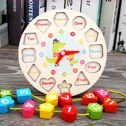 Reloj Digital Montessori de madera para niños y niñas, puzle grande con cuentas geométricas de colores, juego de cuerda de roscado, juguetes para niños de 2 a 4 años