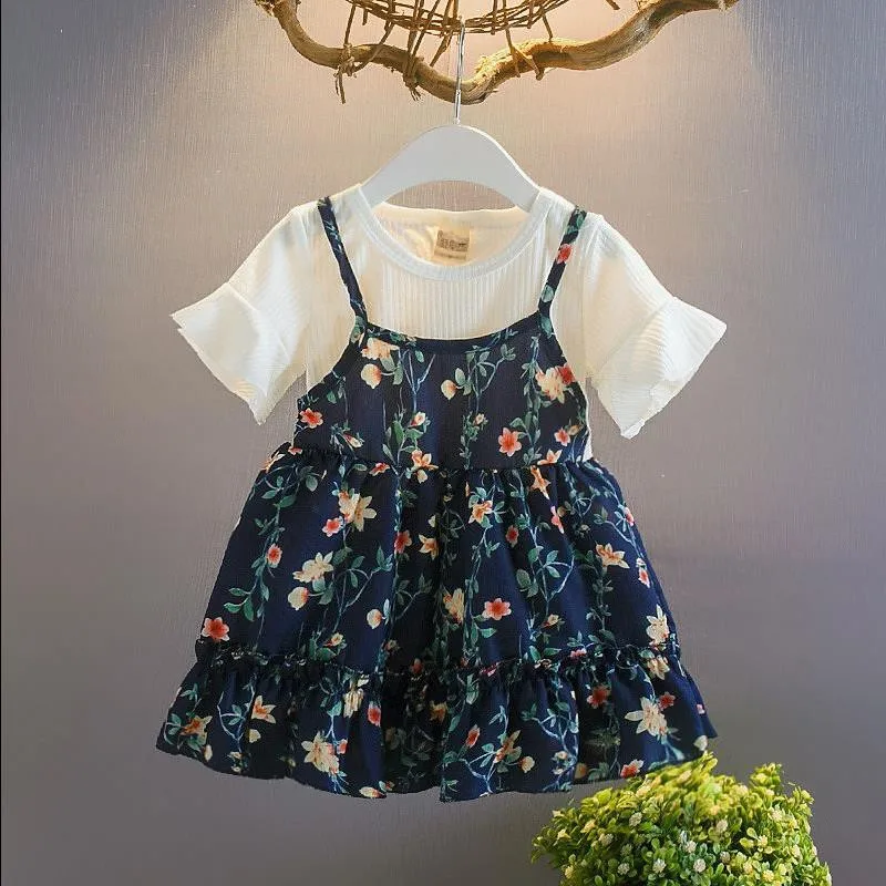 

Summer Girls Dress Fake Two-Piece Baby Children Skirt Cotton Korean-style Princess Little Girl Floral Dress 1-5-Year-Old