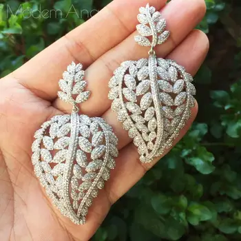 

ModemAngel 64mm Luxury Leaves Full Mirco Paved Microl ZirconiaThree Color Metal Copper Earrings Women Bridal Best Gifts Jewelry