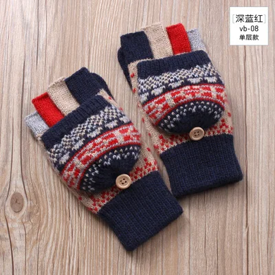 Navy red Открытый Зимние перчатки Для женщин вязаные шерстяные перчатки варежки теплые, без пальцев перчатки флип Половина Finger вождения варежки - Цвет: Navy red