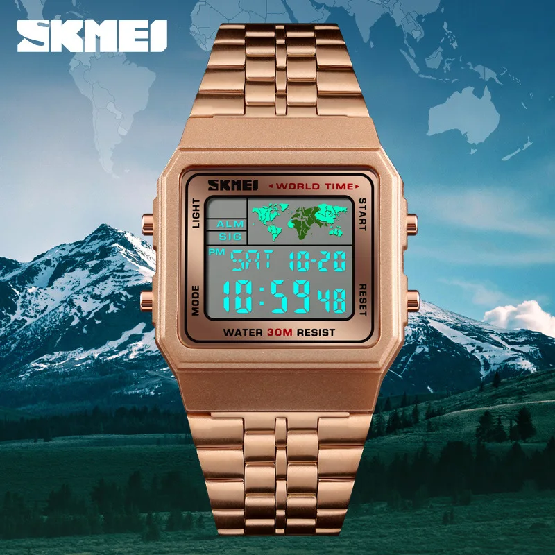 

Skmei New Style Business Fashion Square Electronic Watch Stopwatch Countdown World Time Multi-functional Steel Watch