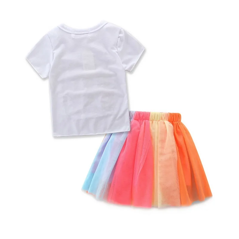 Girl Beautiful Clothe Rainbow Suit Cotton Letter Print Tshirt+Mesh tutu Short Skirt With Bow Set Fairy roupa infantil menina D35