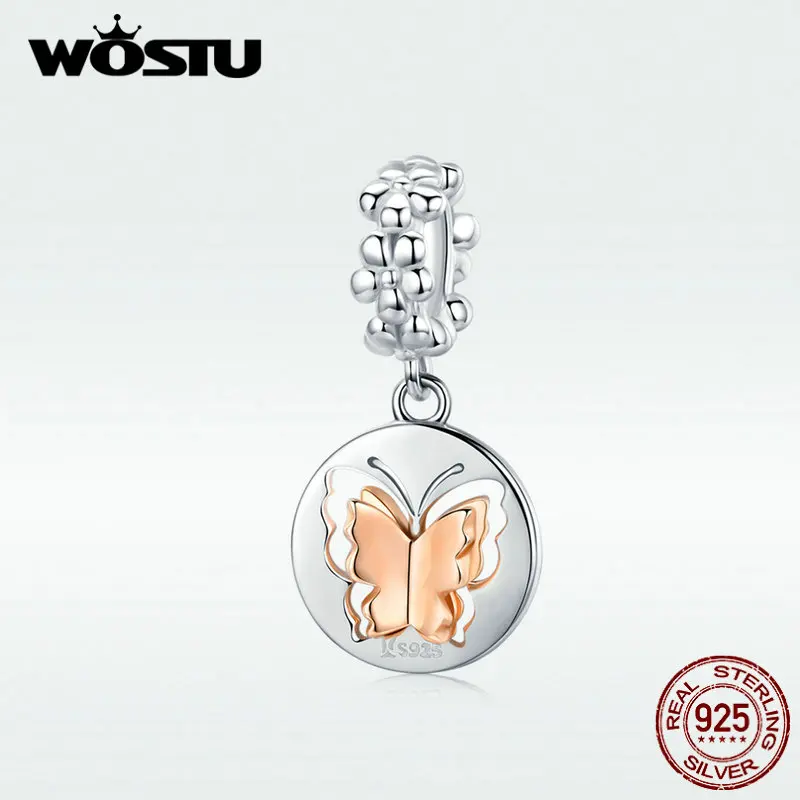WOSTU розовое золото Бабочка болтается шарм 100% Стерлинговое Серебро 925 пробы цветок