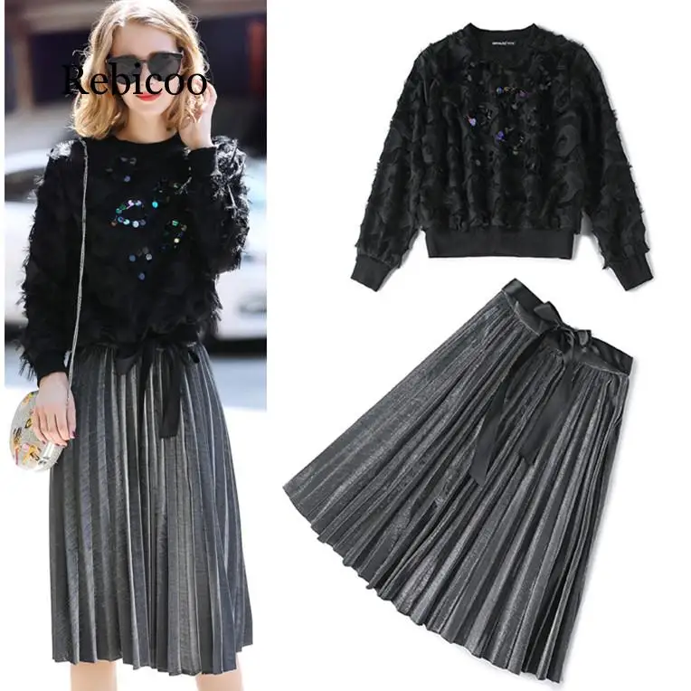 

2 Piece Set Women's Sequins Shiny Fringe Shirt Top + Shiny Pleated Lace Bow Elegant Party Dress Set