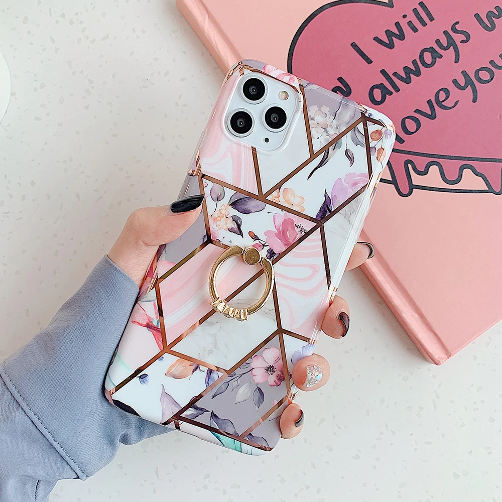 Геометрический мраморный кольцо держатель чехол для телефона для iPhone 11 Pro Max XR X XS Max 7 8 6 Plus чехол мягкий IMD Гальваническая задняя крышка телефона - Цвет: n