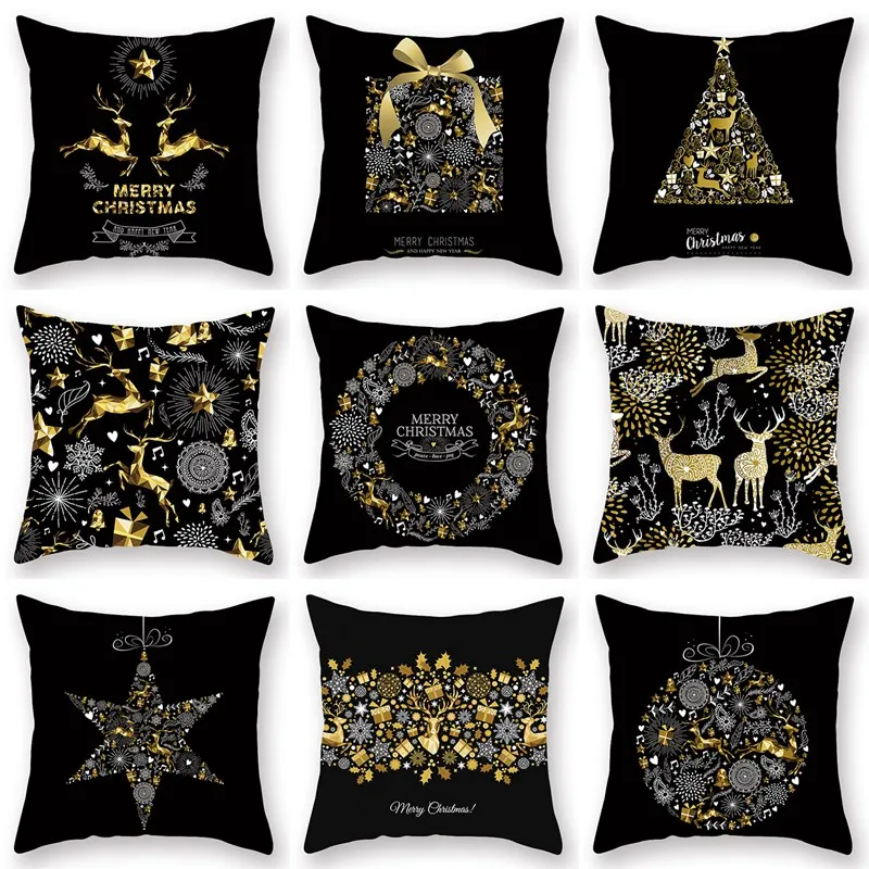 Черный золотой Рождественский чехол для подушки, декоративные рождественские украшения для дома, рождественские украшения, Рождество, год