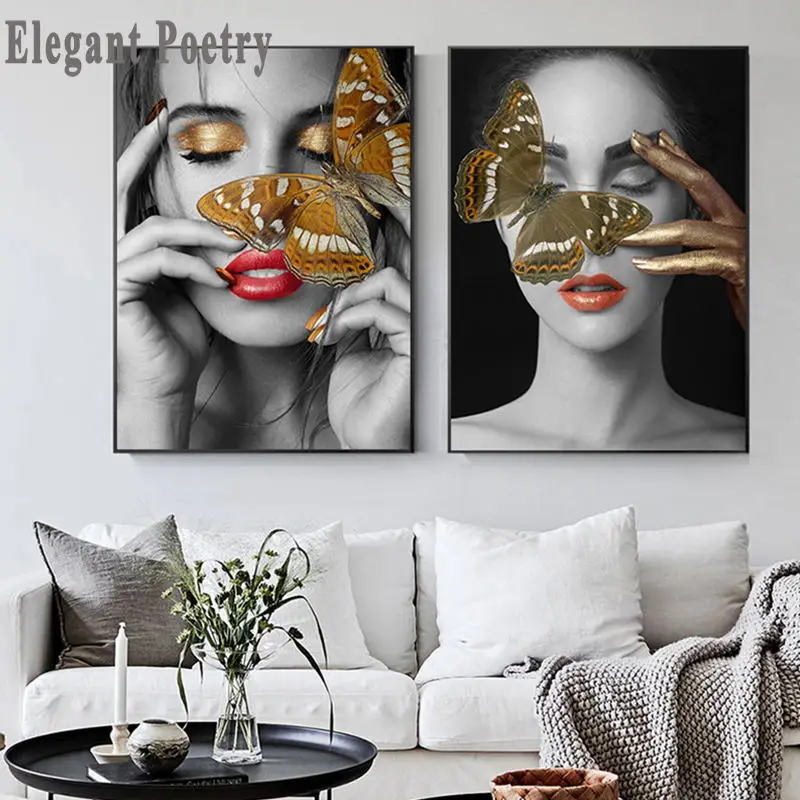 

Butterfly Woman Golden White Canvas Poster Nordic style Wall Art Print Painting Beauty Decorative Picture Modern Home Decoration