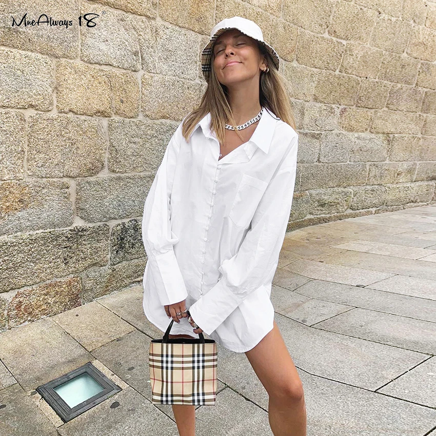 

Mnealways18 Casual Breasted Loose Long Shirts Women Long Sleeve Cotton White Shirt Turn-Down Collar Tops And Blouses Streetwear