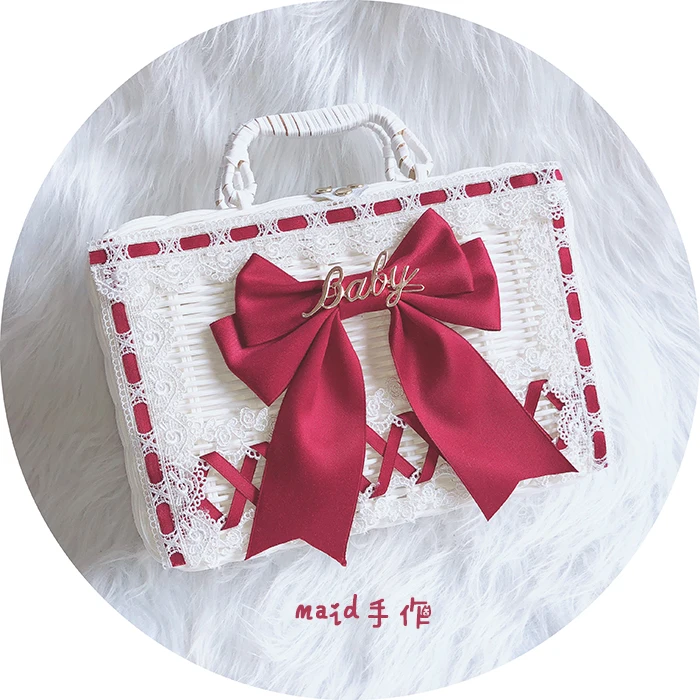 

Cute Bow Lolita Bag Cosplay Straw Handbag Rattan Box