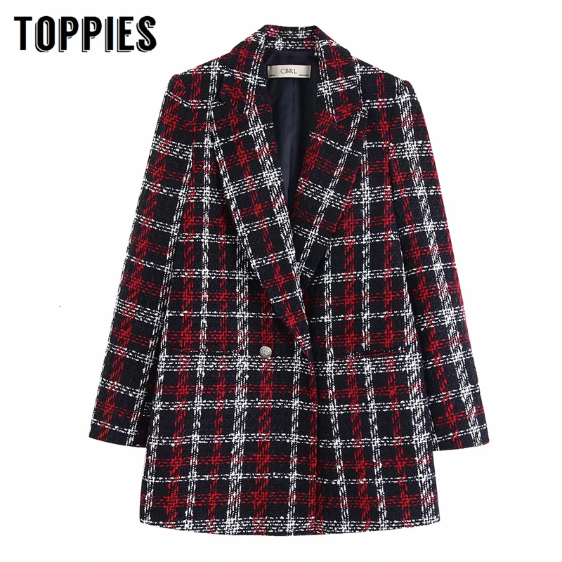 

Vintage Lattice Long Suit Jacket Double Breasted Coat Tweed Blazer 2019 Autumn Winter Women Clothes