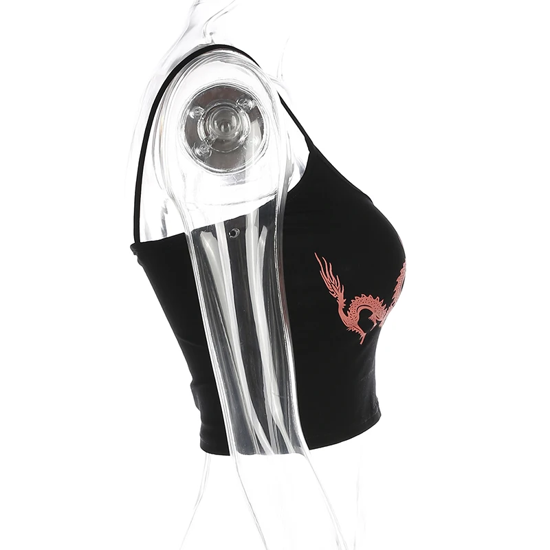 Women Cropped Dragon Print Cami Summer Sexy Black Spaghetti Strap Backless Crop Top 2018 Streetwear Bralet Tops Women