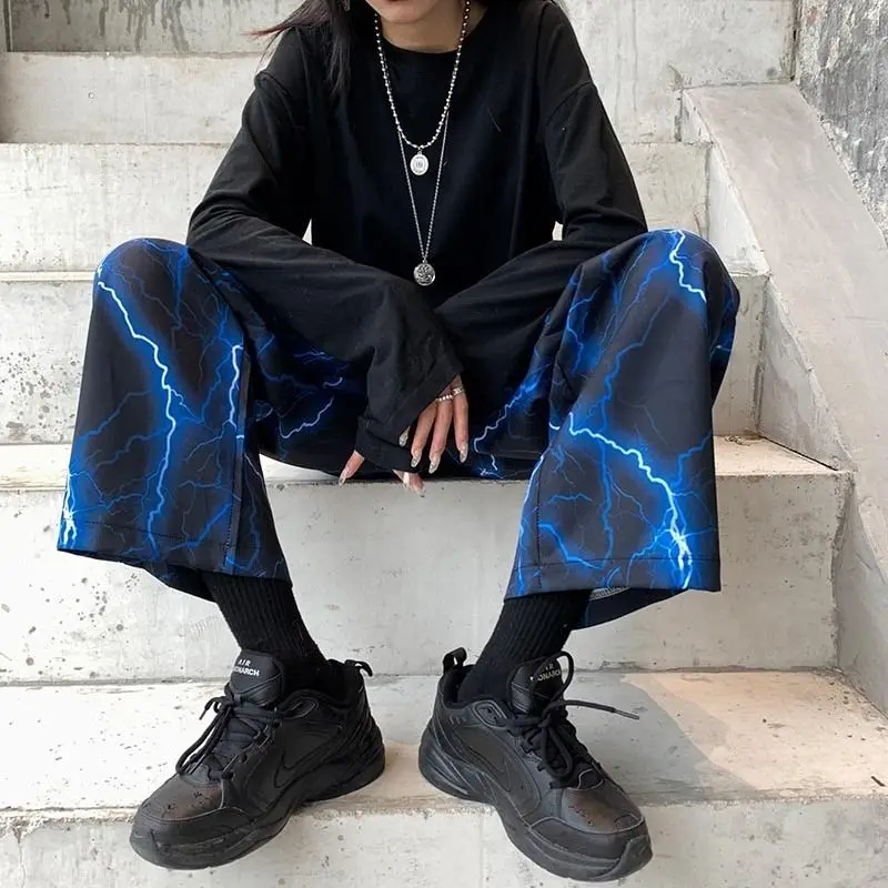 Pantalones de pierna ancha para hombre y mujer, pantalones informales rectos con estampado de super fire lightning Harajuku bf wind high street para verano