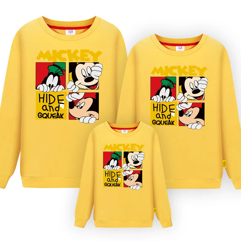 Одинаковые футболки для семьи свитер с длинными рукавами одинаковые рубашки для мамы, папы, сына и дочки милые вечерние футболки с рисунком Микки - Цвет: yellow