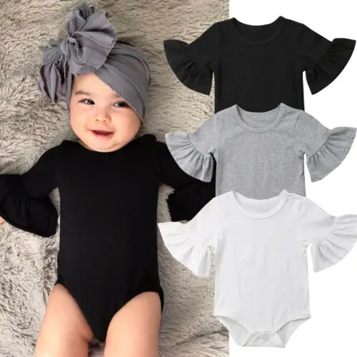 

Newborn Baby Girl Clothes Flared Sleeve Romper Solid Color O-neck Ruffle Bodysuit Casual Outfit