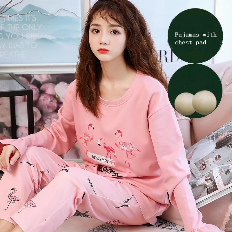 Autumn Knitted Cotton Women Pajamas With Chest Pad Cartoon Thin Print Female Pajama Set Long Sleeve Casual Sleepwear