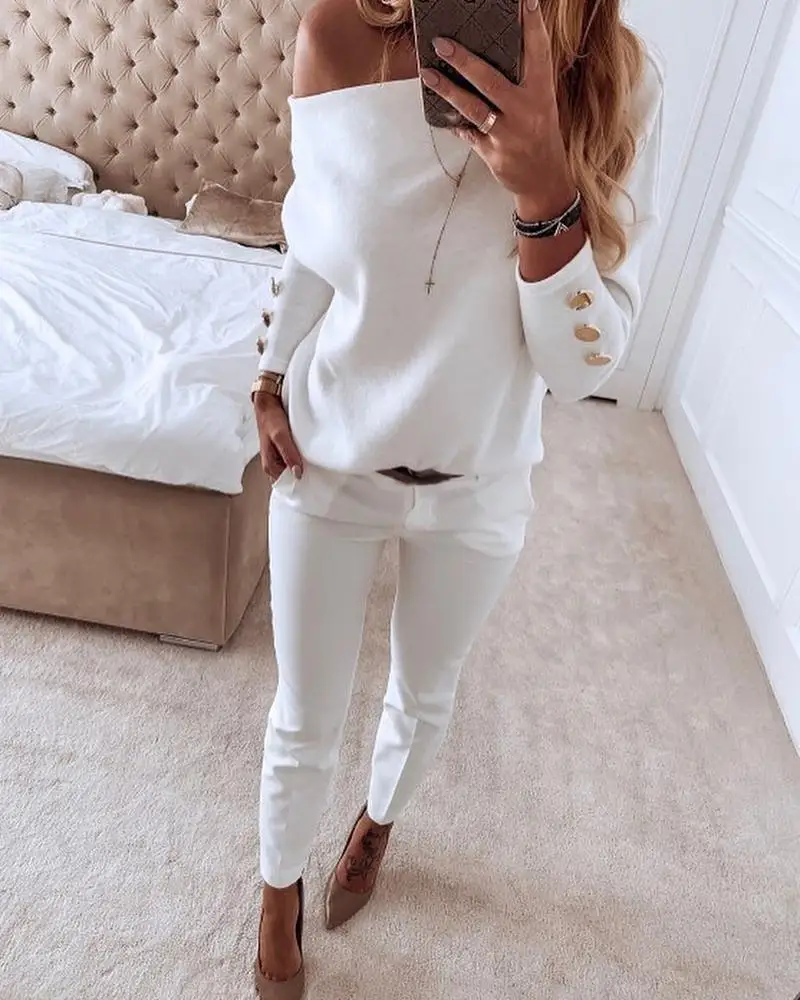 Solid Off Shoulder Buttoned Sweaters Women Slash Neck Long Sleeve Autumn Tops Ladies Solid Casual Pullovers