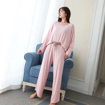 

Pajamas hit color net red suit spring summer large size loose modal female pajamas home service pocket trousers pijamas women