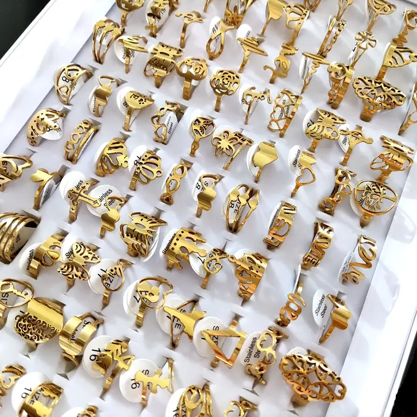 Bulk lots 25pcs 16-20mm Mix Laser Cut Ring Women's Mix Colors  stainless Steel Party Ring Trendy Jewelry 2