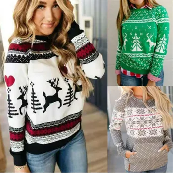 

2020 Christmas Sweater Women Loose Christmas Knitted Pullover Jumper Sweater Long Sleeve Pullover Sweater Female Xmas Tops