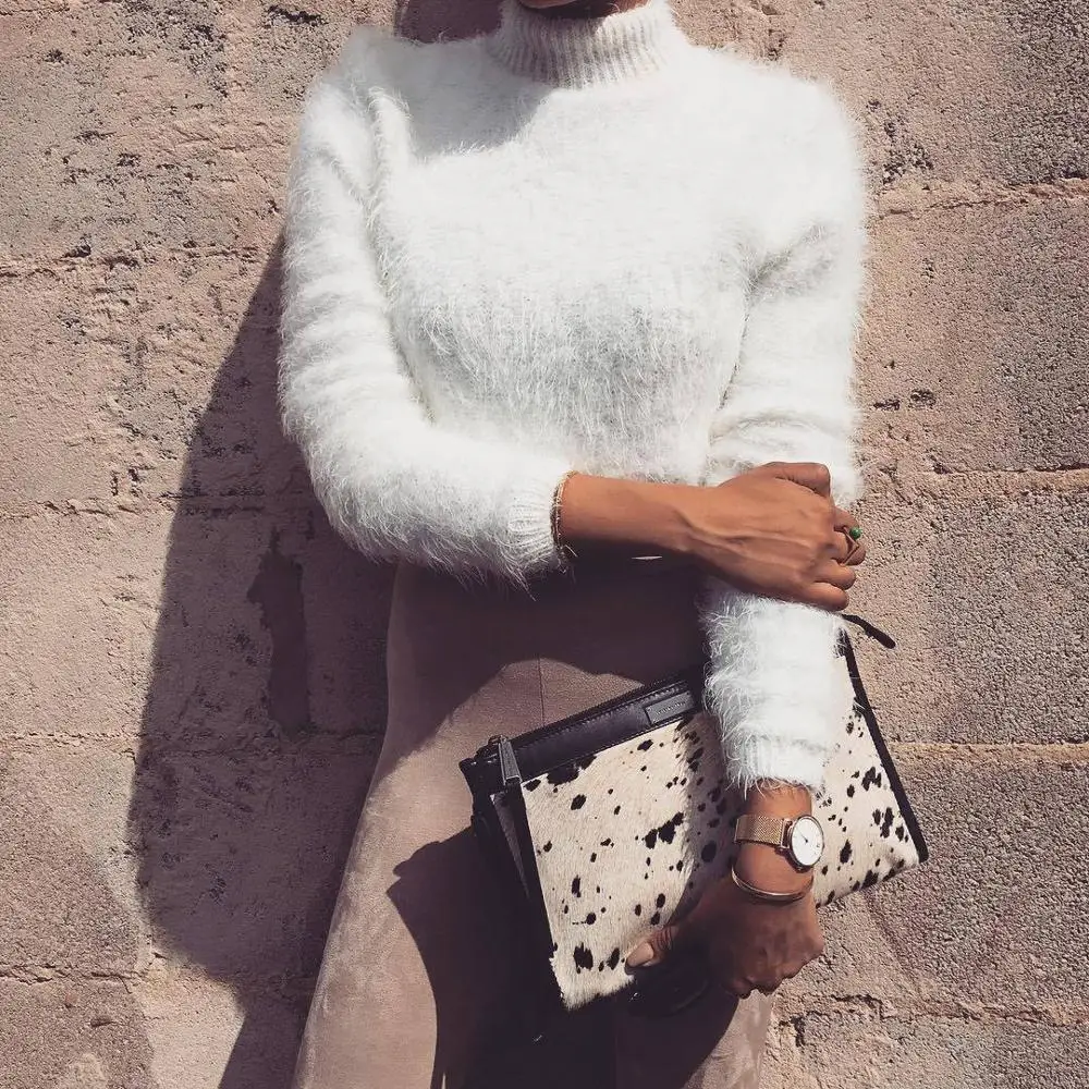 

Turtleneck Cropped Mohair Sweater Fluffy Long Sleeve Kintted Pullover Elegant Casual Jumpers Ladies Knitwear Autumn