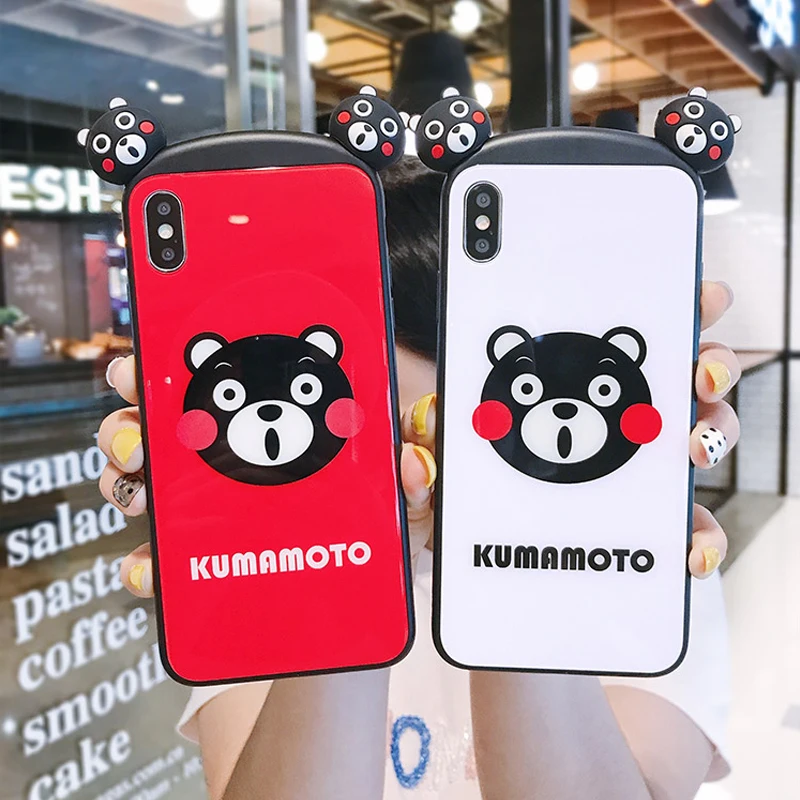 

Cute Cartoon 3D Kumamon Smart Phone Case Tempered Glass Soft Anti-Knock Protective Cover For Iphone 6 7 8 S Plus X XR XS XSMAX