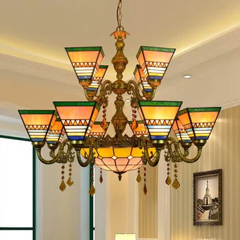 

Ou after guti tiffany stained glass art crystal beads double hotel 12 head pendent lamp with sitting room