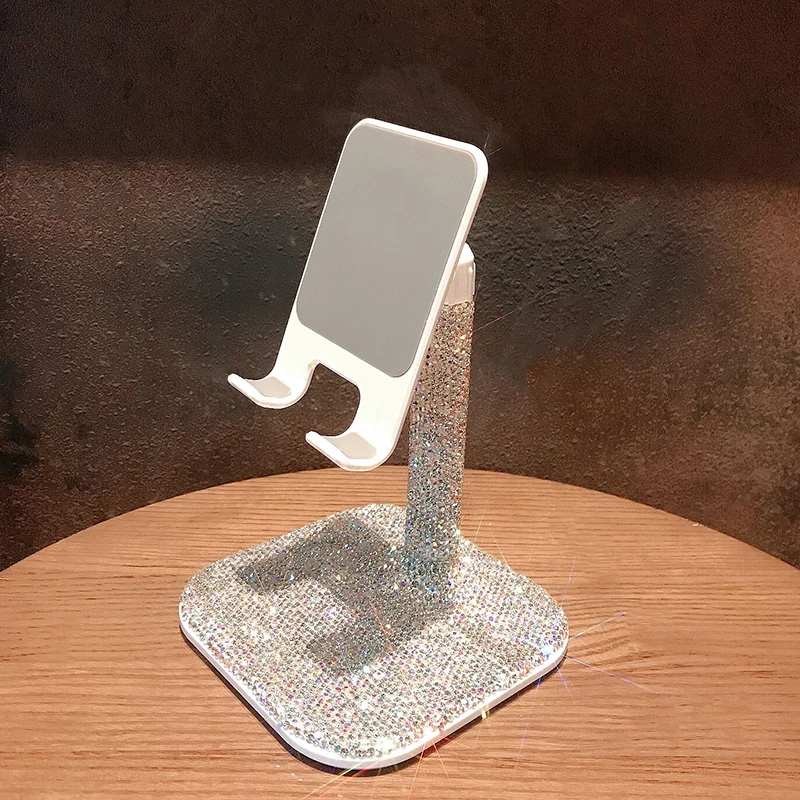 

Luxury diamond mobile phone stand desktop live broadcast tool tablet selfie stand adjustable shiny crystal support seat white